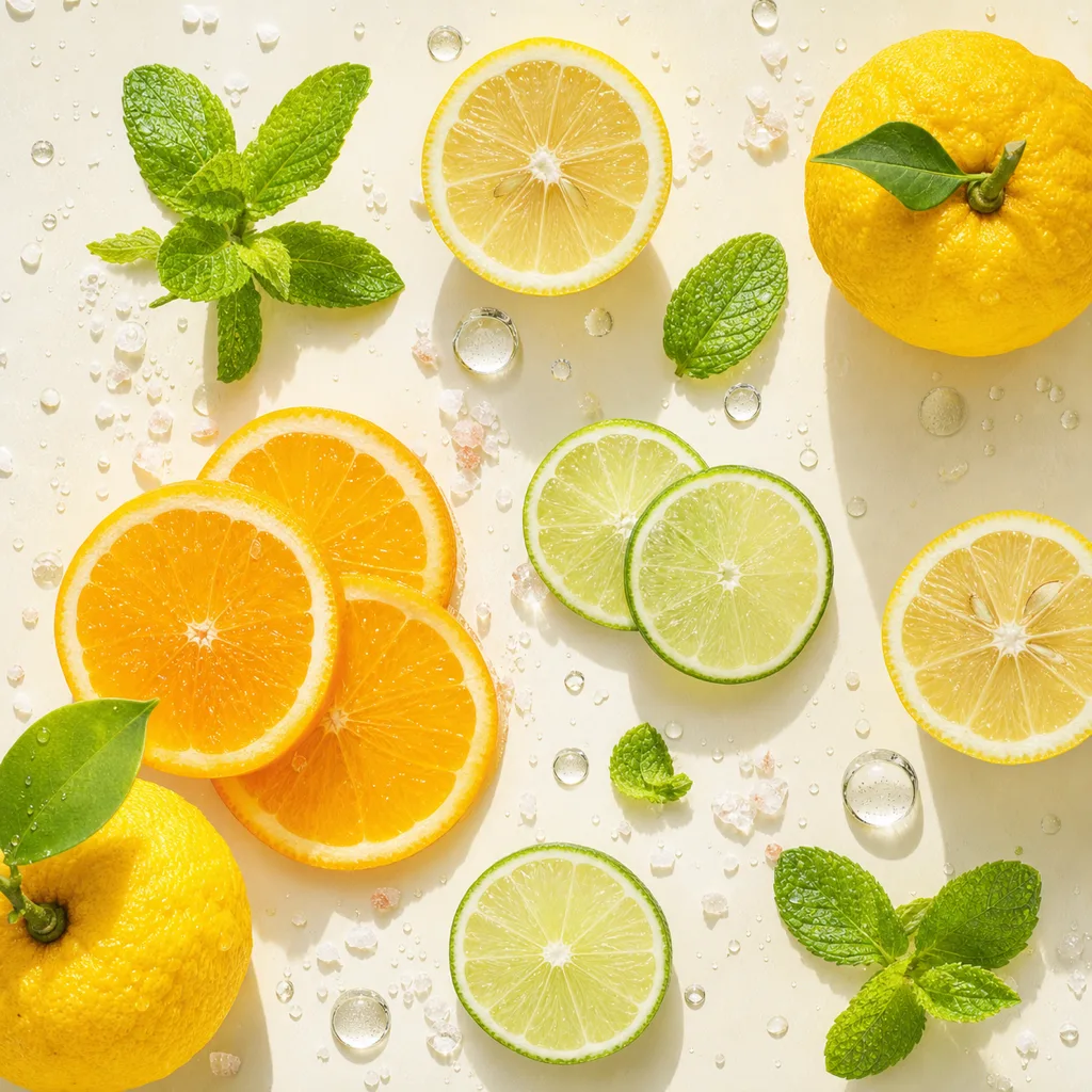 A bright flat-lay of fresh citrus, lime wedges and mint leaves, the natural flavours behind Drink Feel Flow