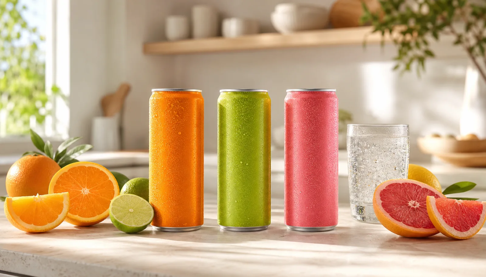 Cans of Drink Feel Flow lined up on a sunlit kitchen counter on a bright morning